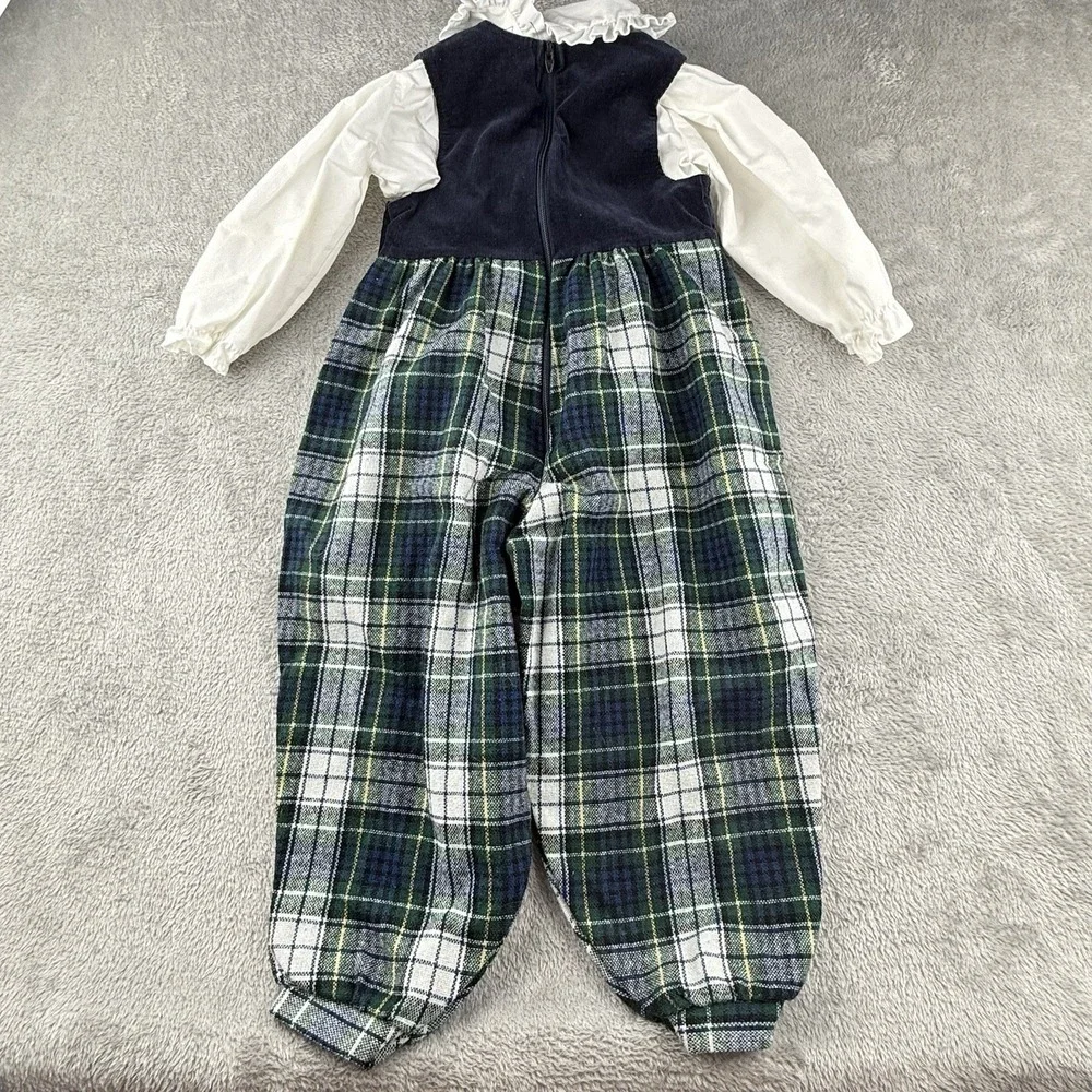 Muffling Holiday Plaid Romper 2T Blue Green Toddler USA Made Ruffles 80s Vintage